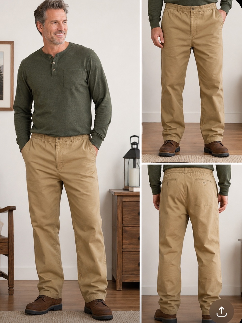Haband Ice House Flannel Lined Khaki Comfort Waist Pants Men's 36 Warm Winter